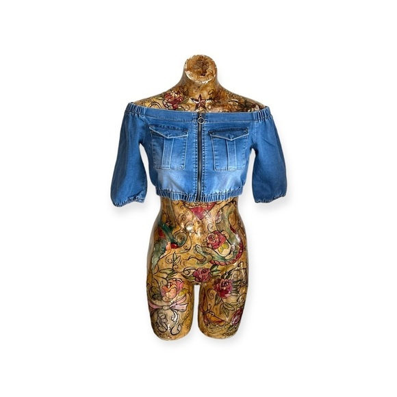 American Bazi crop top cold shoulder denim zip front small blue - Picture 1 of 8